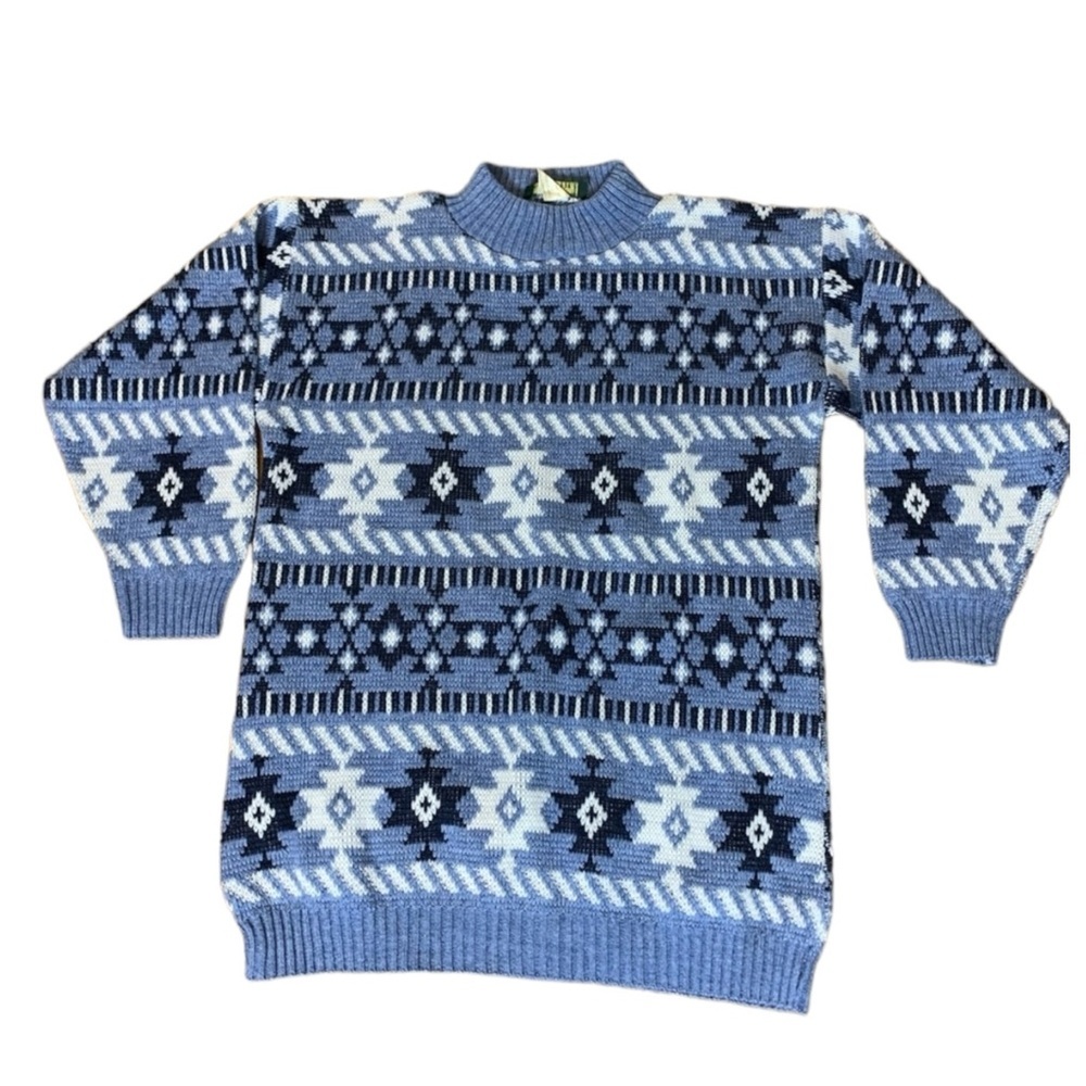 Vintage Dana Scott Blue & White Aztec Tribal Oversized Sweater